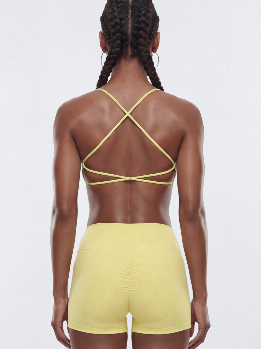 Light Yellow Crisscross Sports Bralette with Matching High-Waist Shorts